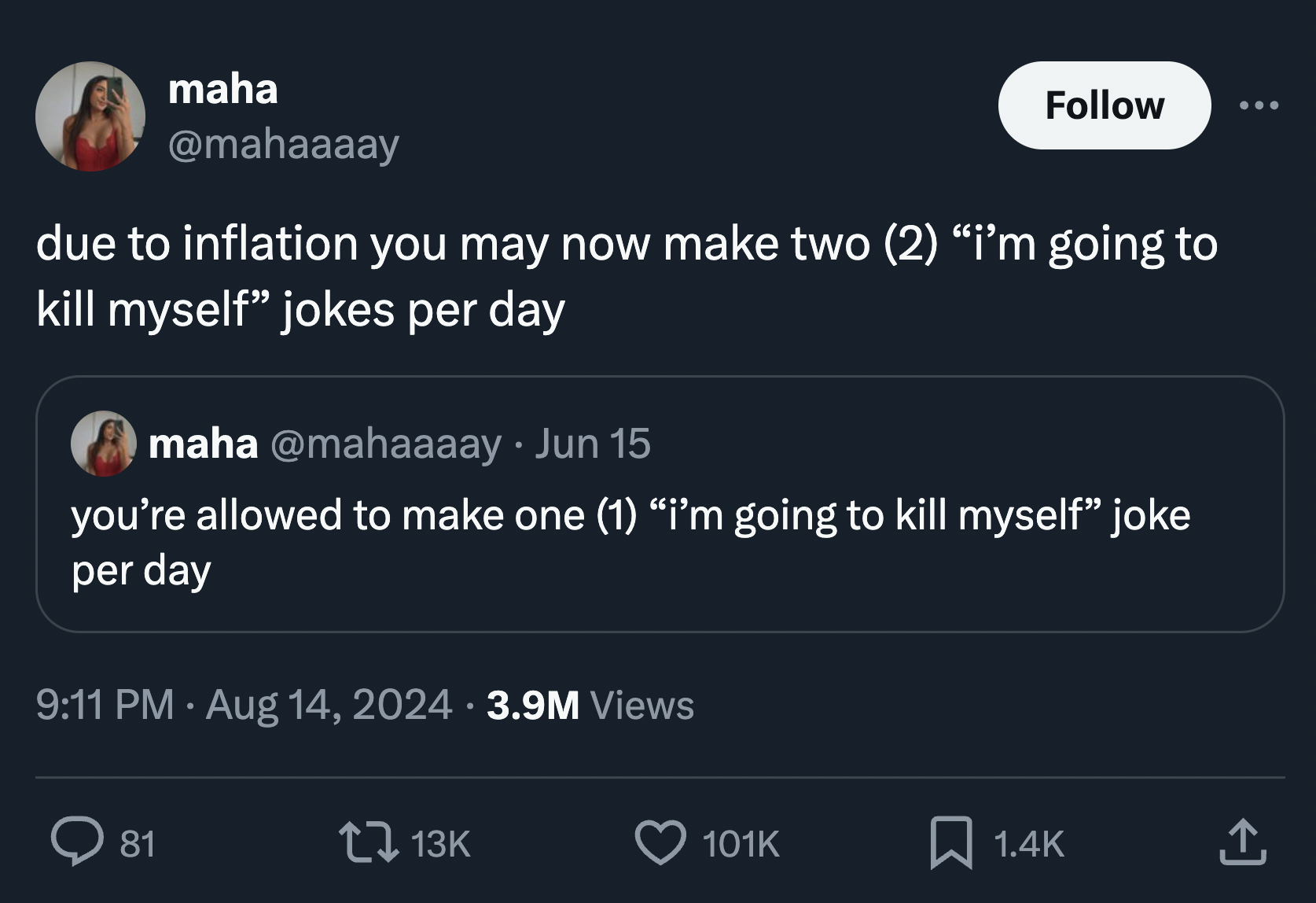 screenshot - maha due to inflation you may now make two 2 "i'm going to kill myself" jokes per day maha Jun 15 you're allowed to make one 1 "i'm going to kill myself" joke per day 3.9M Views